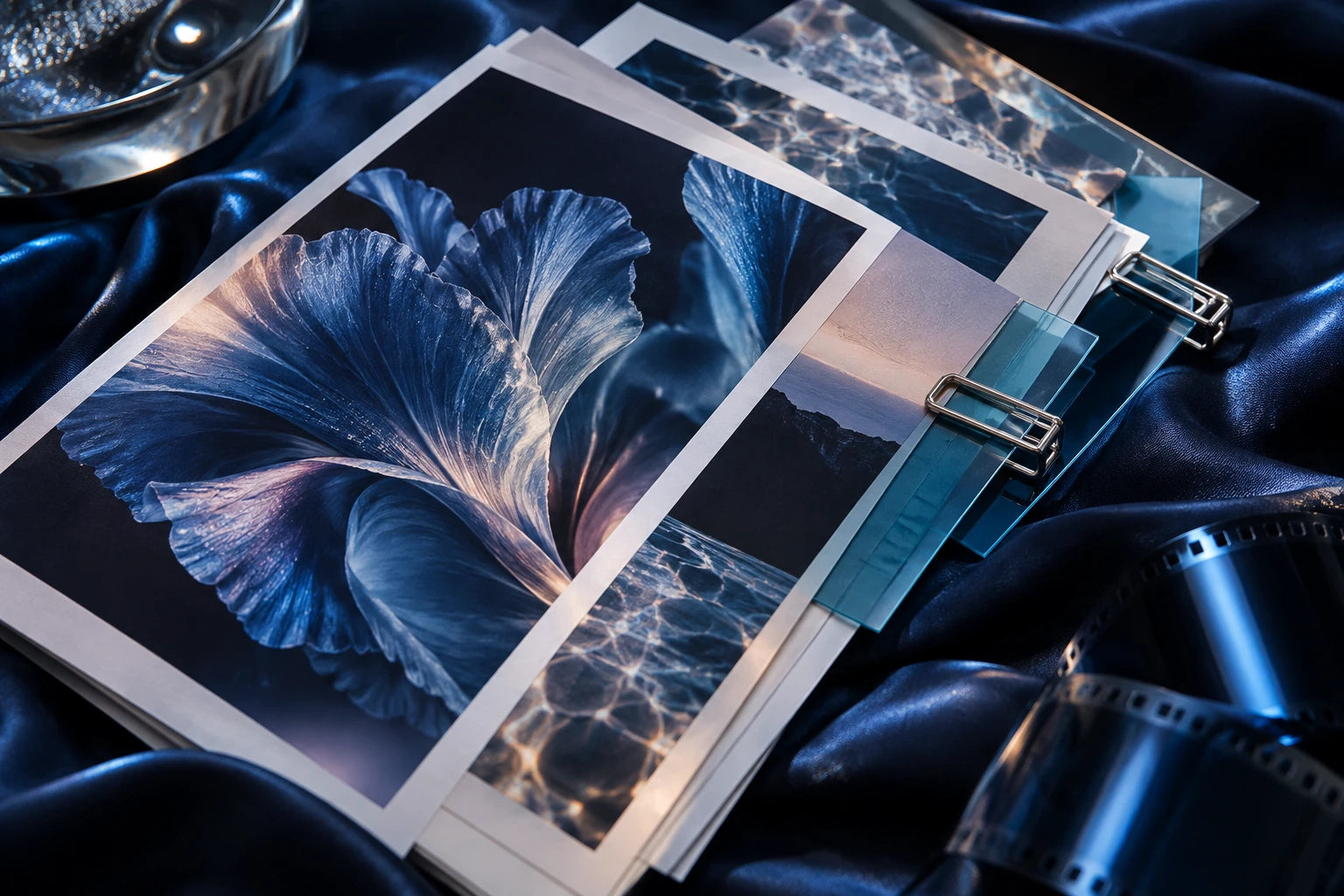 A carefully organized set of photographic campaign proofs and blue acetate tabs