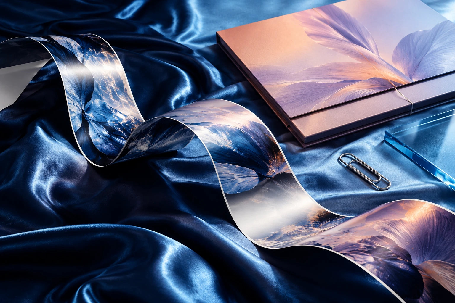 A flowing strip of photographic campaign material beside a lavender and peach folio