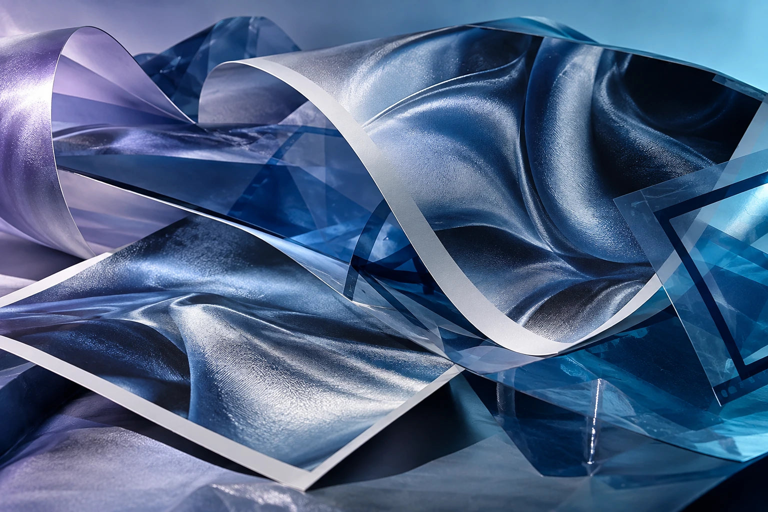 Sculptural photographic print sheets and translucent blue campaign frames